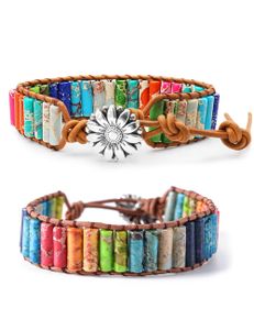 Alster Herz 2 Stück Damen Handgefertigtes 7 Chakra Lederarmband, Edelstein, bunt, Größe verstellbar, J0453