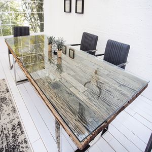 riess-ambiente Massiver Esstisch BARRACUDA 180cm antik Teak Holz mit Stahl Kufenfüßen inkl. Glasplatte Esszimmertisch Konferenztisch Tisch