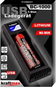 Kraftmax BC-1000 USB Akku Ladegerät für 18650 | 26650 | 14500 | 16340 | CR123 | 3,7V Lithium Akkus - Neueste Version mit Li-Ion Smart Charging