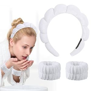 ASKSA 3 kusy lázeňské čelenky Wrist Wash Band Set Make up Hair Band, bílá