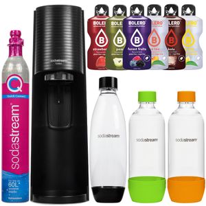 SodaStream Terra Black Wasserkarbonisierungsgerät eine Flasche + 2 PET-Flaschen (Orange + Grün) + Bolero