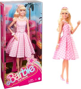 Barbie-Sammelpuppe zum Spielfilm, Margot Robbie als Barbie. Sammelpuppe im rosa-weißen Karo-Kleid mit Gänseblümchenhalskette