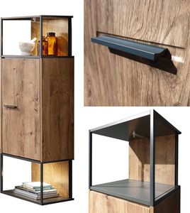 Moderne Industrial Stand-/Hängevitrine in Haveleiche Cognac mit Matera anthrazit MINNEAPOLIS-55 inkl. LED-Beleuchtung, B/H/T ca:  45/156/38 cm