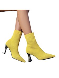 Damen Stiefel Pumps Spitze Toe Sockenstiefel Anti Slip Mittlere Kalb Elastischer Schuhe Gelbe Feine Ferse,Größe:EU 36.5