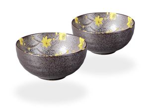 Matcha Schale / Matcha Teeschalen Set, 2x Matcha Schale 250ml anthrazit/gelb, Blütendesign