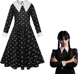 Korbi | Halloween kostým - Wednesday Addams - veľkosť 130 - čierny - zábavný dizajn pre deti