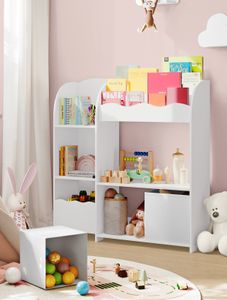 SONGMICS Bücherregal Kinder, Kinderregal, Spielzeugregal mit 2 Aufbewahrungsboxen, für Bücher, Kinderzimmer, Spielzimmer, Wohnzimmer, wolkenweiß