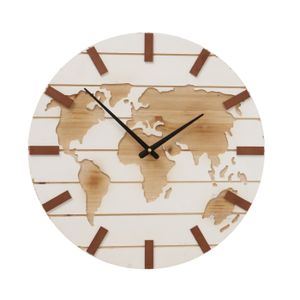 Wanduhr "Global" aus Holz in braun/weiß B50cm, Weltkarte, Uhr