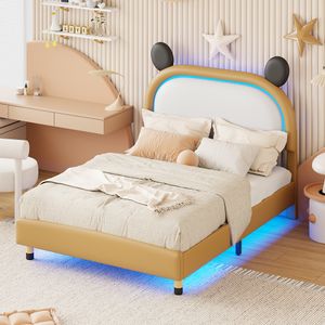 Flieks čalouněná postel 140x200cm s LED diodou, dětská postel s čelem ve tvaru medvědího ucha, jednolůžko pro mládež s lamelovým roštem, PU, hnědá barva