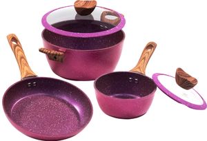 5tlg. KING® Kochtopfset SOLID BERRY Ø16cm Stieltopf, Ø24cm Kochtopf und Ø24cm Bratpfanne aus Aluminium / mit langlebiger Antihaft-Beschichtung /  Berry marmoriert mit Holzgriff-Optik / Glasdeckel mit Silikonrand