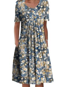Damen Sommerkleider Freizeitkleid mit Taschen Minikleider Kurzarm Rundhals Blumenkleid #4,Größe XL