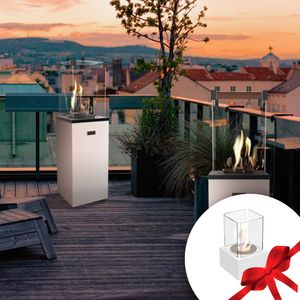 Terrassenheizer Gas PATIO SLIM weiß + Gratis TANGO/1 bioethanol freistehender-kamin