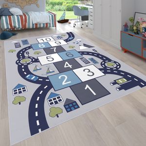 Kinder-Teppich Für Kinderzimmer, Spiel-Teppich Mit Hüpfkästchen und Straßen, Grau, Grösse:140x200 cm