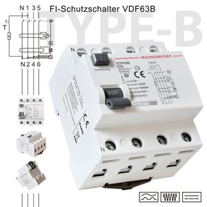 FI-Schutzschalter Typ B 63A 30mA 4Polig Fehlerstrom-Schutzschalter Allstromsensitiv Schalter Automat Sicherung