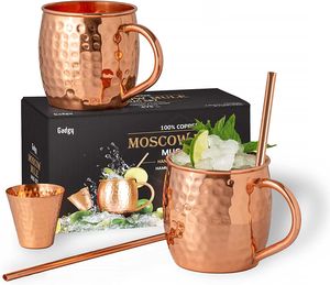 GADGY® Moscow Mule Becher Set - Cocktail Tassenset - Inklusive 2 Stück Kupferbecher, 2 Strohhalme Und EIN Jigger - 100% Kupfer - Kupferglässer - Party Geschenk