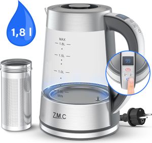 ZMC Wasserkocher Glas + Edelstahl mit Einstellbare Temperatur Warmhaltefunktion | Teesieb | Temperatureinstellung | Temperaturwahl LED 1,8 Liter ZMC Wasserkocher Glas + Edelstahl mit Einstellbare Temperatur Warmhaltefunktion | Teesieb | Temperatureinstellung | Temperaturwahl LED 1,8 Liter