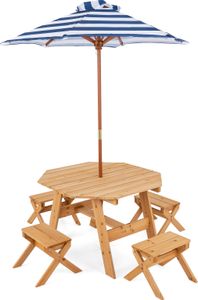 DREAMADE Kinder Picknicktisch, Kinder-Tisch & Stuhl-Set aus Holz mit höhenverstellbarem Schirm für 4 Kinder, Kinder-Gartenmöbel, Geschenk für Kinder