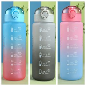 3 Stück 1000ml Trinkflasche Mit Strohhalm Und Zeitmarkierung, Outdoor Sportflasche Wasserflasche Getränkeflasche, Allmähliche Farbe(Blau, Grau, Rosa)