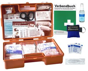 Erste-Hilfe-Koffer M2 PLUS für Betriebe mit aktueller DIN/EN 13157 & DIN/EN 13164 + Notfallbeatmungshilfe, perforiertem Verbandbuch & Hygiene-Spray