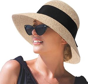 Strohhut für Damen Strandhut UPF 50+ Faltbarer Sonnenhut Outdoor,schwarz