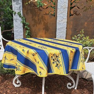 Pflegeleichte Provence runde Tischdecke Ø 160 cm OLIVEN gelb blau für Küche Garten Terrasse Schmutzabweisend