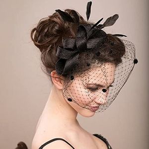 Damen Elegante Bowknot Feder Hochzeit Cocktail Party Schleier Fascinator Haar Clip Hut Mesh Net (Schwarz)
