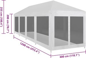 vidaXL Partyzelt mit 10 Mesh-Seitenwänden 12 x 3 m