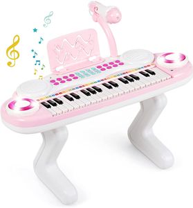 37 Tasten Kinderklavier, Klaviertastatur, Elektronisches Keyboard mit Mikrofon & Z-Staender, Spielzeug Klavier Mini, Digitalpiano mit Licht, Rosa