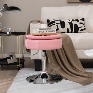 COSTWAY Otočná stolička s nastaviteľnou výškou 51-66 cm,Polyuretánsedadlo stoličky s úložným priestorom, stolička na líčenie otočná o 360° (ružová)