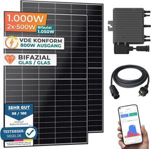 Balkonkraftwerk 1000 W Bifazial Glas/Glas Solaranlage Steckerfertig WIFI Mini-PV Photovoltaik Anlage Upgradebar 800 Watt genehmigungsfrei, Schwarz