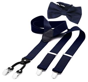 DonDon Herren 3,5 cm breiter Hosenträger in Y-Form elastisch und verstellbar im 2er Set mit farblich passender Fliege 12 x 6 cm Nachtblau