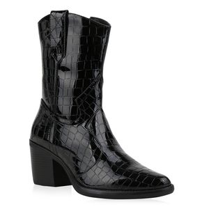 Mytrendshoe Damen Stiefeletten Cowboy Boots Leicht Gefütterte Stiefel 831365, Farbe: Schwarz, Größe: 38