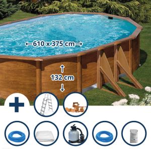 Stahlwandpool Set (7-teilig) hoch oval 610 x 375 x 132 cm, Stahl 0,45 mm Holzoptik Folie 0,4 mm blau
