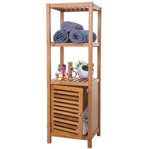 Badregal HWC-B18, Badezimmer Badschrank Standregal mit Tür, Bambus  110x36x34cm