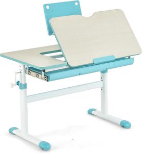 COSTWAY Dětský psací stůl s nastavitelnou výškou, žákovský psací stůl s naklápěcí deskou, stojanem na knihy, zásuvkou a měřícím pravítkem, ergonomický psací stůl pro děti od 3 do 12 let (modrý)