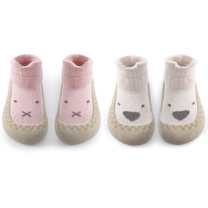JDland 2 Stück Krabbelschuhe Baby Socken Schuhe Anti Rutsch weich gestrickt(Rosa+Weiß) 20