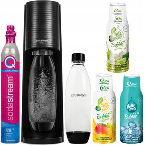 SodaStream Wassersprudler Terra Black + 1 Flaschen + 3 Set Fruttamax Sirup