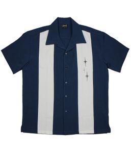 Steady Clothing Hemd Three Star Panel Blau Vintage Bowling Shirt Retro