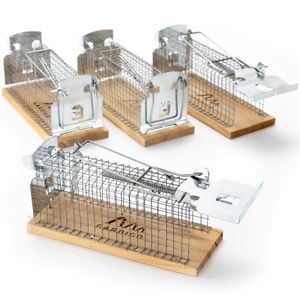 Gardigo Mausefalle Lebend - 4er Set aus Holz | Wiederverwendbare Lebendfallen für Mäuse | 15 x 6 x 7,5 cm | Leicht zu verwenden und Hygienisch | Lebendfalle für Innen und Außen