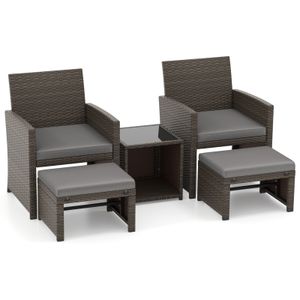 COSTWAY 5er Set Rattan Möbel Balkonset Gartenmöbel mit Sitzkissen und Ottomane für In- und Outdoor Grau