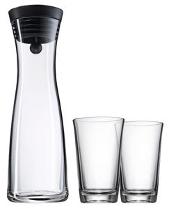 WMF Basic Wasserkaraffe Set 3-teilig, Karaffe 1l mit 2 Wassergläser 250ml, Glas, Höhe 30,2 cm, Glaskaraffe mit Deckel, Silikondeckel, CloseUp-Verschluss