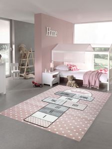 Kinderteppich Hüpfspiel Teppich Hüpfkästchen in Rosa Grau Creme Größe - 160x230 cm
