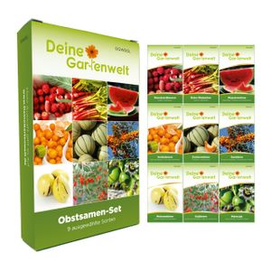 Obstsamen Set - 9 Sorten Samen - Saatgut Sortiment - Anzuchtset für Obst - Geschenkset - Wassermelone, Physalis, Erdbeere, Honigmelone, Melonenbirne, Rhabarber, Goji und mehr