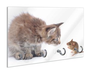 Wallario Schlüsselbrett aus Glas, Motiv: Katze und Maus beim Spielen - weißer Hintergrund, 30 x 20 cm mit 4 Haken