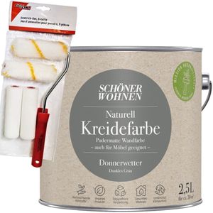 2,5L Schöner Wohnen Naturell Kreidefarbe Donnerwetter, Dunkles Grau + Farbroller-Set 5-teilig