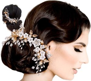 Goldene Haarklammer für Hochzeit Haarschmuck weiße Blumen