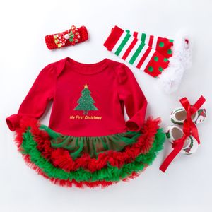 Baby Mädchen Weihnachten Langarm Rundhals Tüll Kleid Stirnband Socken Schuhe Set,Farbe:Gestreifte Socken,Größe:73 (6-12 Months)