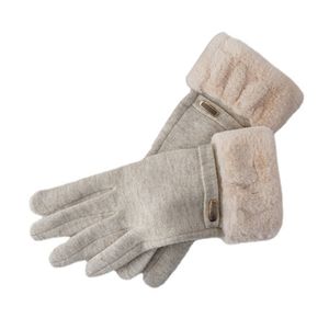 Paar Damen-Handschuhe, Touchscreen, Vollfinger, einfarbig, verdickt, Kaschmir-Imitat, winddicht, pelzige Manschettenhandschuhe für den Außenbereich, Beige
