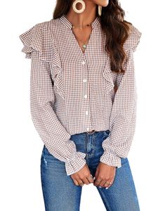 Damen Blusen Ruffle Tunika Plain Shirt Baggy Plaid Bluse Elegant T-Shirt Sommershirt Khaki,M