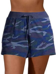 ydance Große Größe Damen Sport Camouflage Print Freizeitshorts Sommer Shorts Mit Kordelzug,Farbe: Navy Blau,Größe:2XL